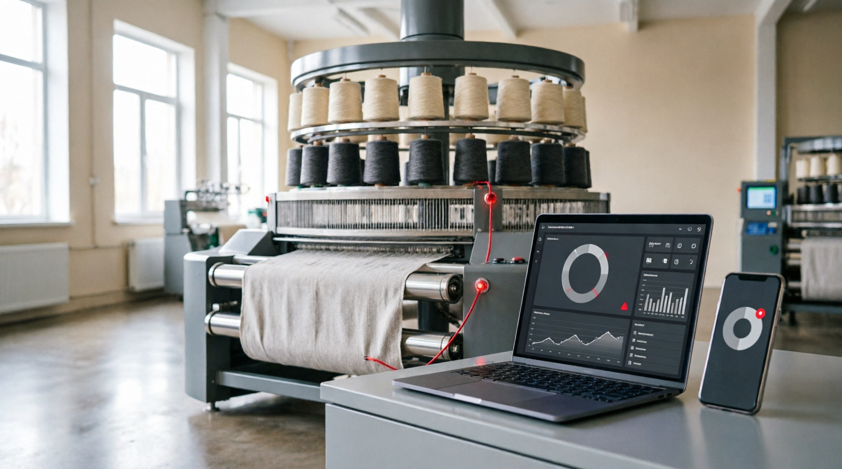 Connected textile operation with a factory machine and Huansi production dashboard