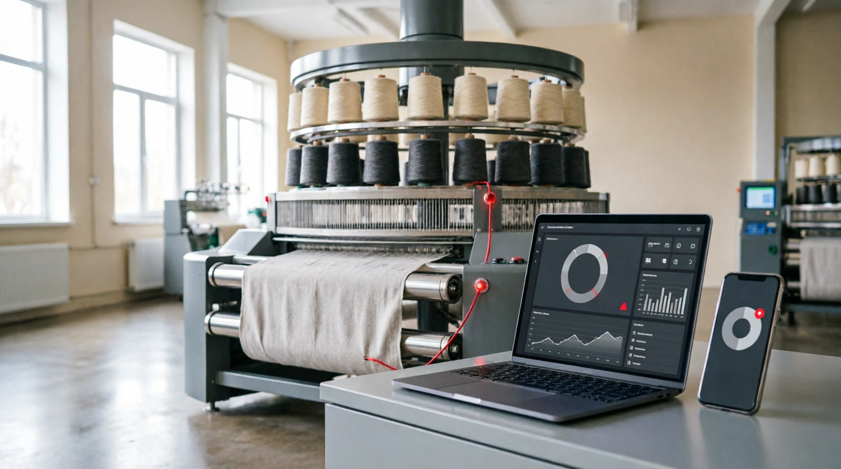 Connected textile operation with a factory machine and Huansi production dashboard