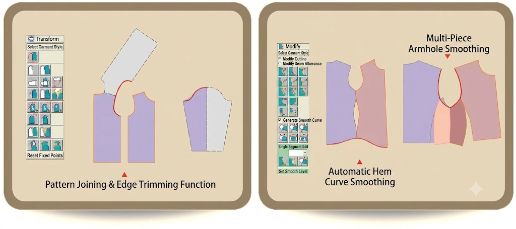 Clothing CAD pattern joining and armhole smoothing tools